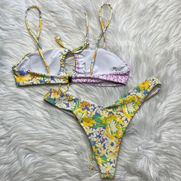 SHEIN Leopardd & Floral Thong Bikini Set Yellow & Purple Small - Picture 2 of 3